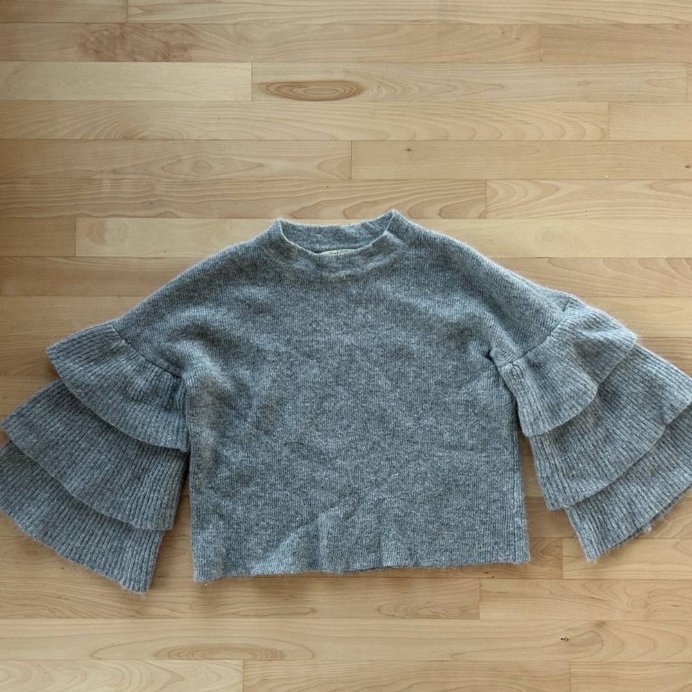 Endless Rose Gray Ruffle Sleeve Crewneck Sweater